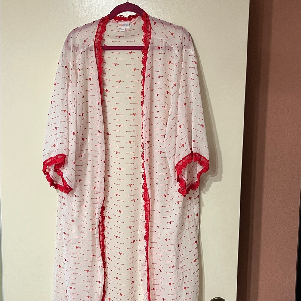 LuLaRoe Red and White Heart Arrow Kimono